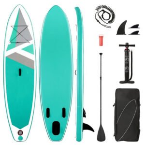 Inflatable paddle board with adjustable paddle and leash